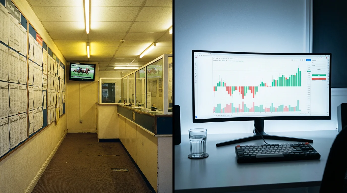 Split-screen view of a traditional British betting shop interior on one side and a modern trading screen interface on the other
