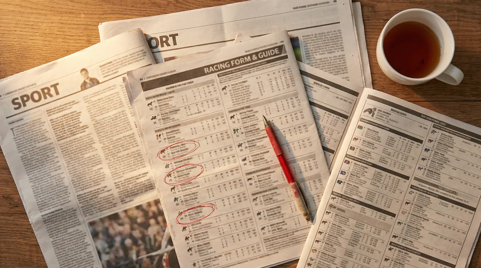 Overhead view of a person reviewing printed horse racing form guides spread across a wooden desk