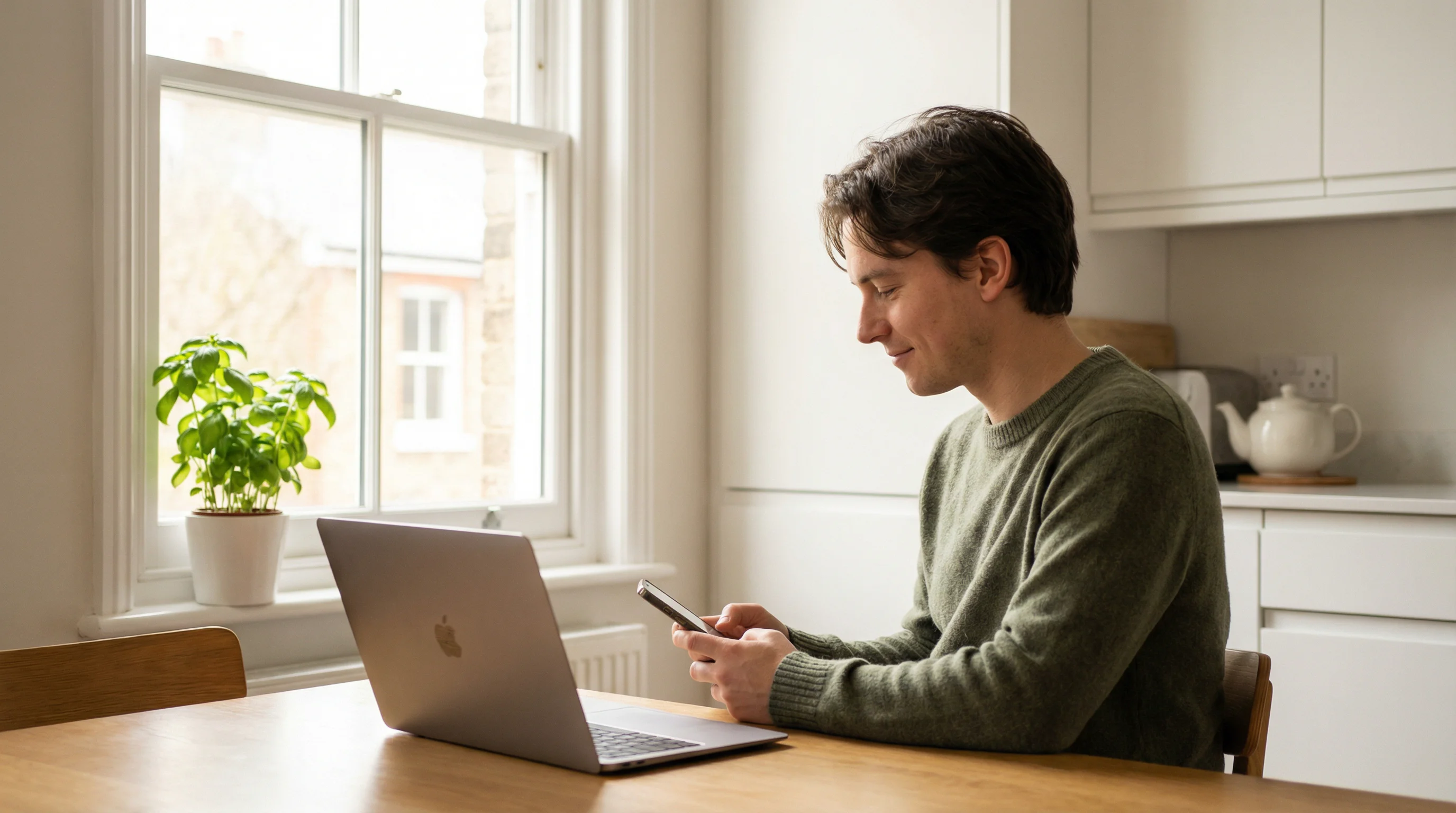 Person sitting calmly at a desk using a smartphone with a laptop open nearby in soft natural light