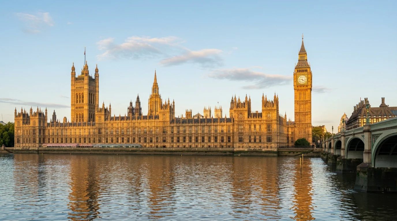 Exterior view of the UK Parliament building at Westminster with a clear sky