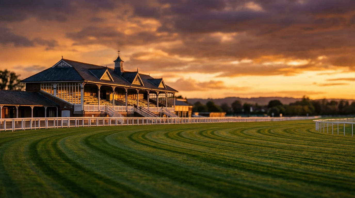 Evening view of a British horse racing course with illuminated grandstand and green turf under dramatic sky