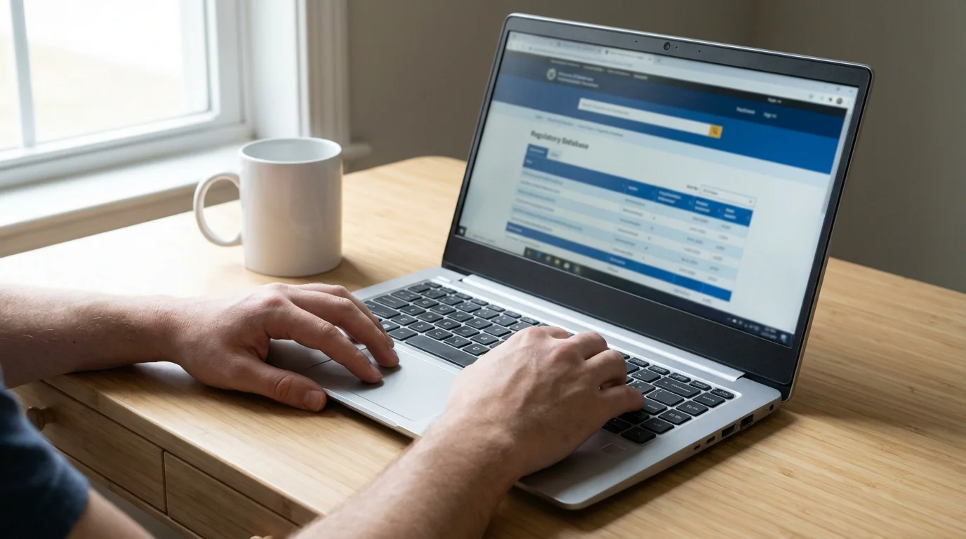 Close-up of a laptop screen showing the UK Gambling Commission public register search page